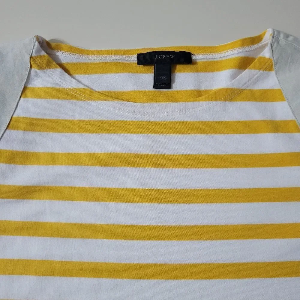 J.Crew Women's Crewneck Yellow Stripe Suede Shoulder Long Sleeve Pullover Top